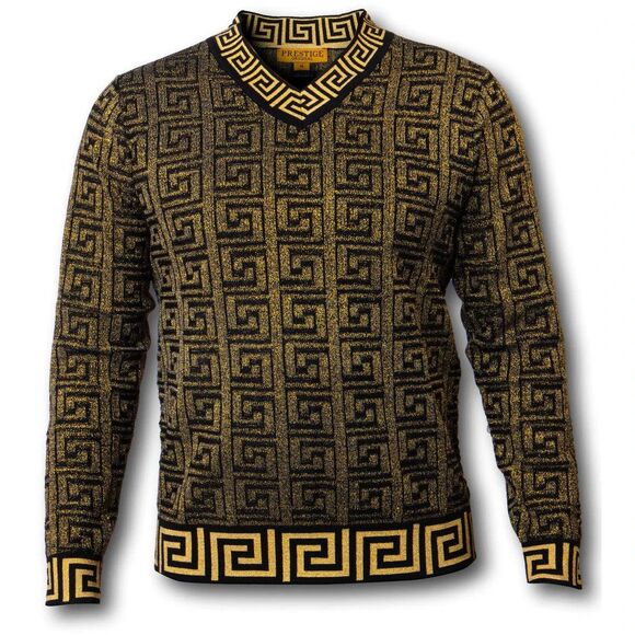 Prestige Black Gold Metallic Greek Key Geometric V-Neck Cardigan Sweater Sz 2XL - Picture 1 of 12